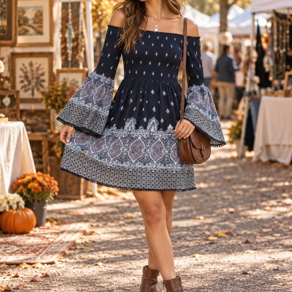 Xhilaration Navy Paisley Off Shoulder Smocked Bell Sleeve Mini Dress Large